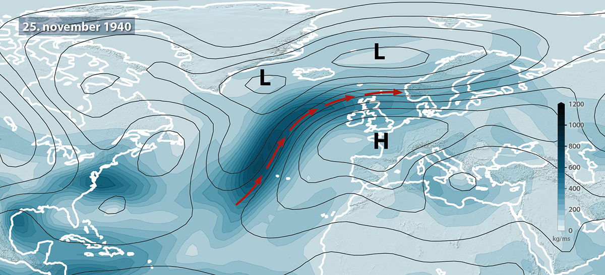 Kart med atmosfærisk elv over Nord-Atanteren