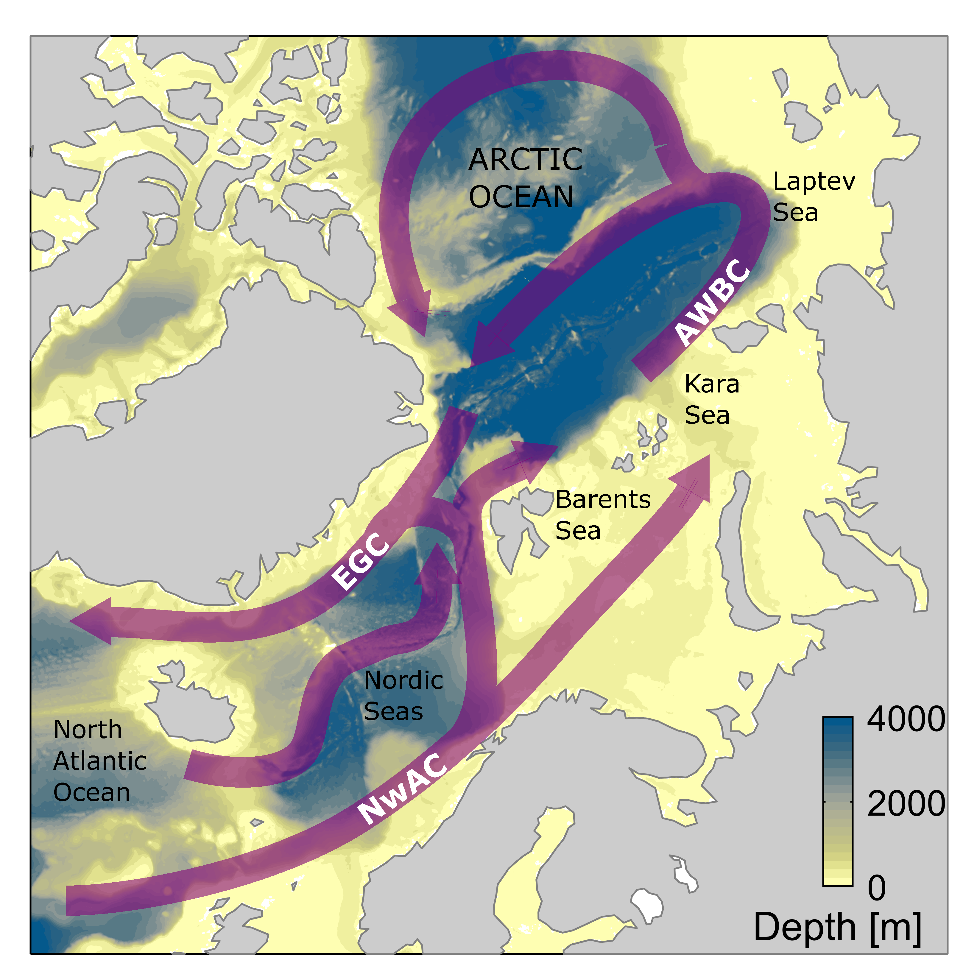 A map of the arctic ocean showing the different routes the two buyos Knoll and Tott might take.