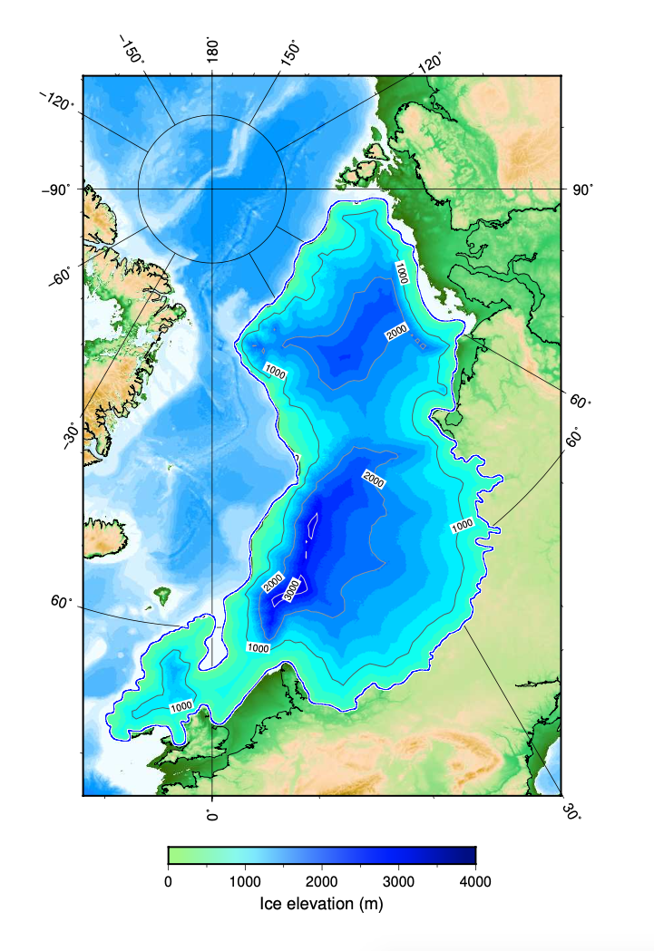 The reconstructed ice sheets over Great Britain, Scandinavia with the Baltic area, and the Barents Sea 20,000 years ago. Note that the ice sheet was up to 3000 m high over Scandinavia and 2500 m over the Barents Sea.