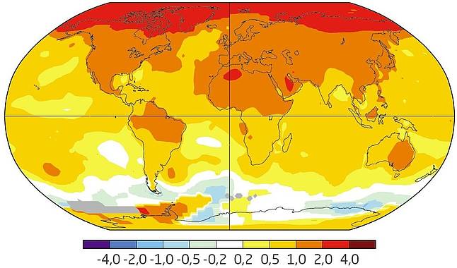 Overflatetemperaturendringar på jorda, 1970-2017 (Grafikk: NASA GISS, https://data.giss.nasa.gov/gistemp)